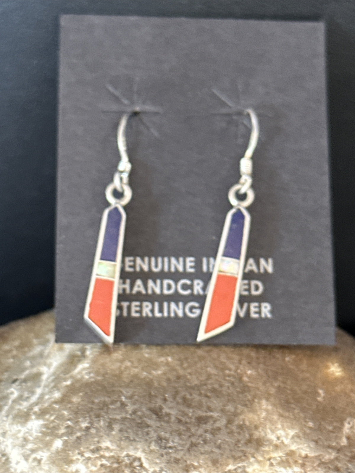 Lapis Opal & Coral Navajo Sterling Silver Inlay Earrings 1” 14766