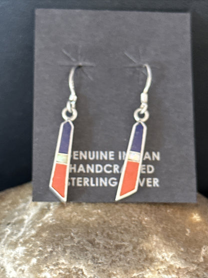 Lapis Opal & Coral Navajo Sterling Silver Inlay Earrings 1” 14766