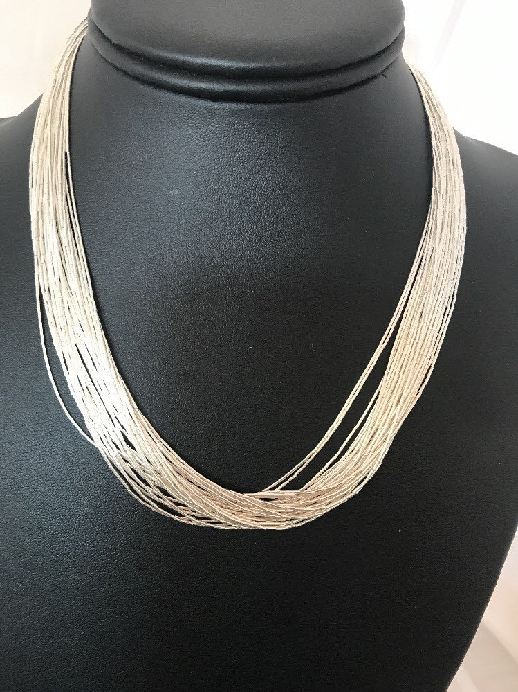 Liquid Silver Heishi 30 Strands Sterling Silver Tube Beads 17" Necklace 03698