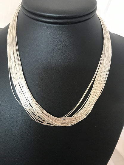 Liquid Silver Heishi 30 Strands Sterling Silver Tube Beads 17" Necklace 03698