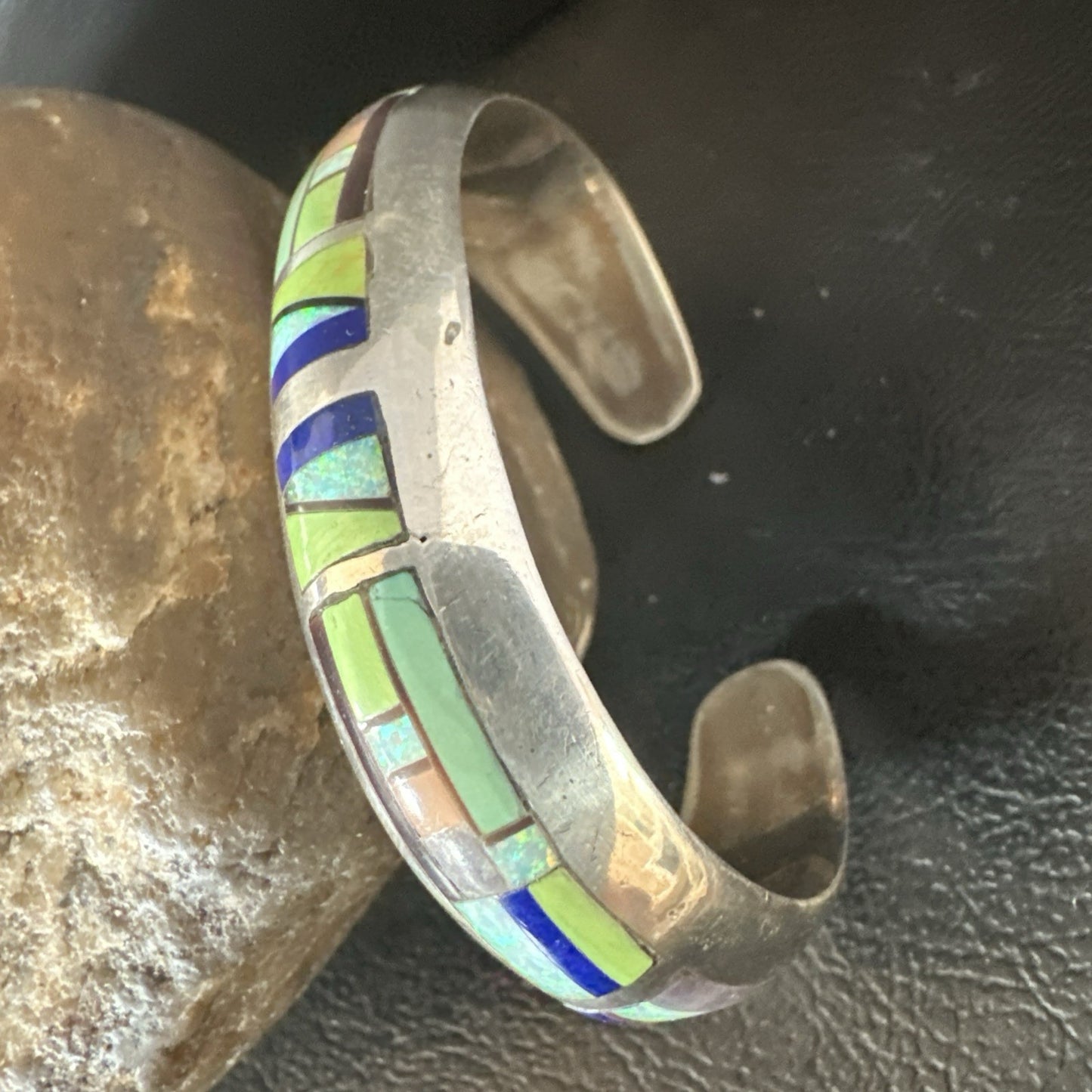 Womens Green Turquoise Lapis Navajo Sterling Silver Inlay Cuff Bracelet 19037