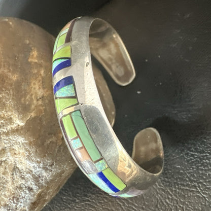 Womens Green Turquoise Lapis Navajo Sterling Silver Inlay Cuff Bracelet 19037
