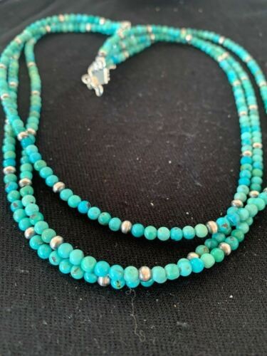 Navajo Blue Turquoise 4mm Bead 3 Strand Necklace Sterling Silver 4827