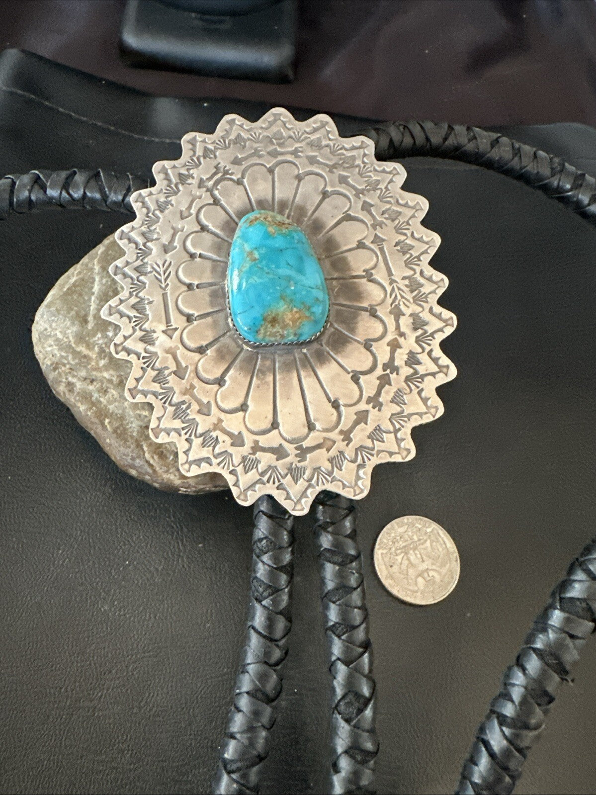 XXL Mens Blue Kingman Turquoise Navajo Sterling Silver Bolo Tie 4" 18689