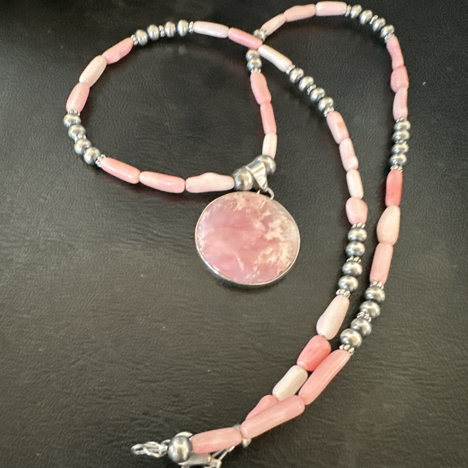 Southwestern Sterling Silver Pink Coral Bead Necklace Quartz Pendant 24" 19588