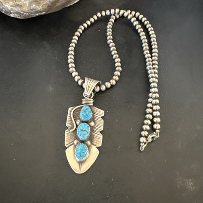 Mens Feather Kingman Turquoise Pendant Navajo Sterling Silver Necklace 17783