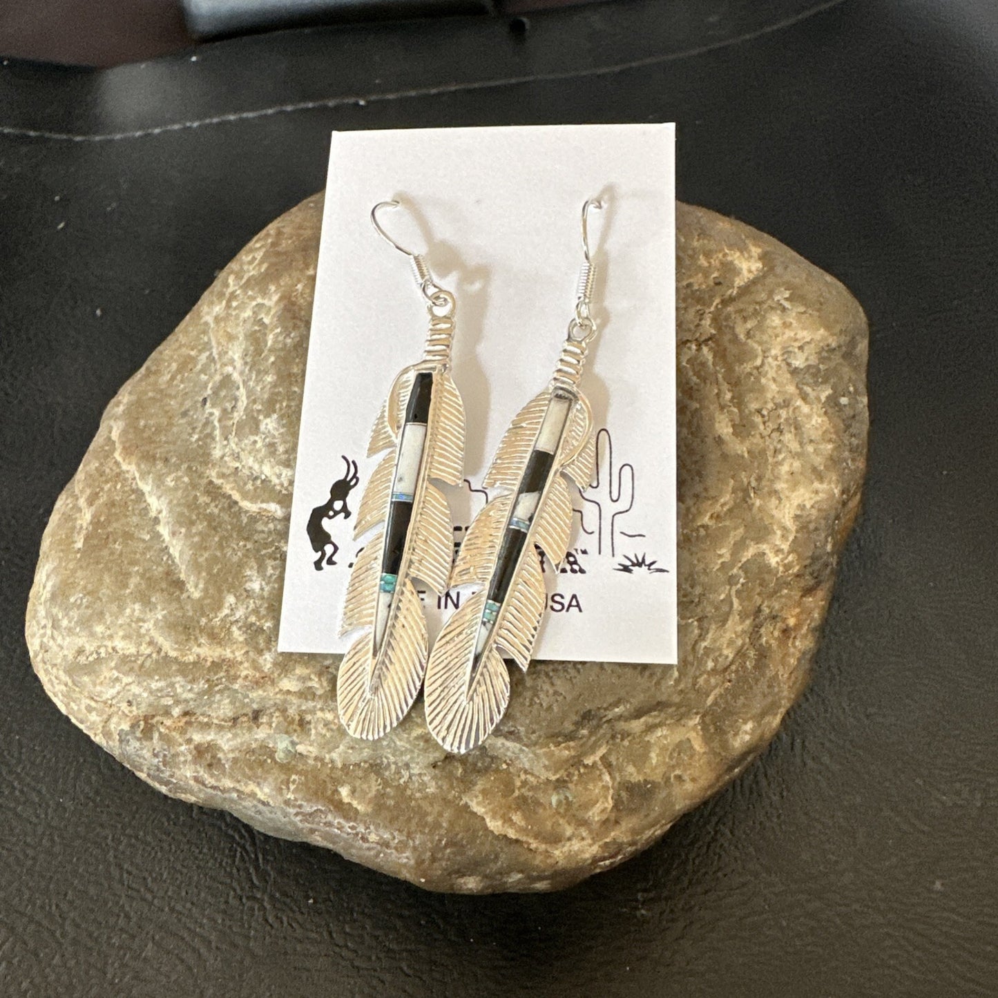 White Buffalo Turquoise Opal Sterling Silver Handmade Feather Earrings 18696