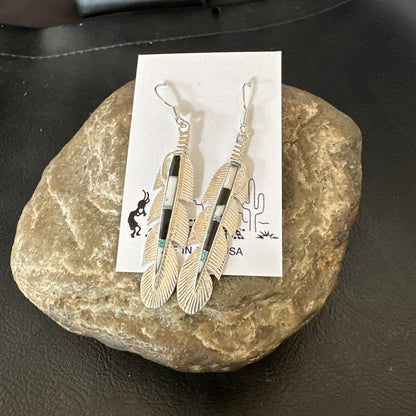 White Buffalo Turquoise Opal Sterling Silver Handmade Feather Earrings 18696