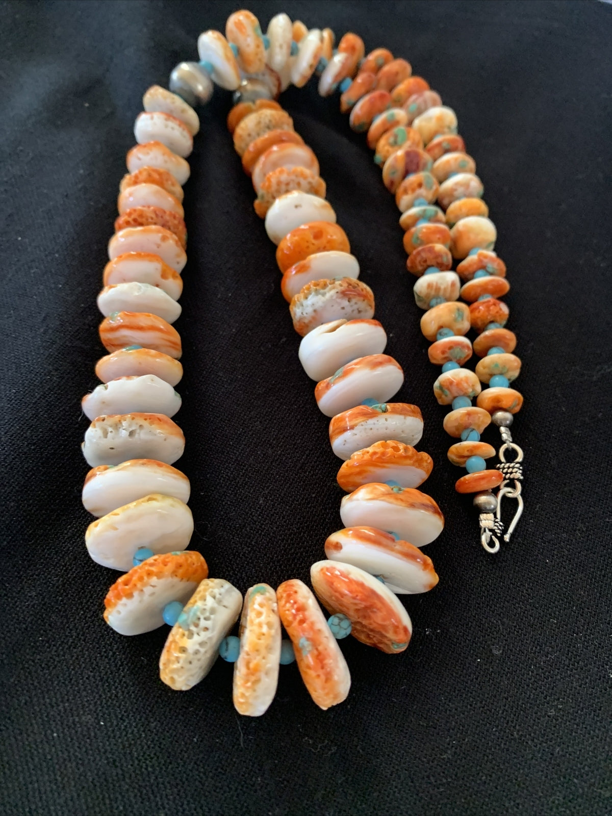 Turquoise & Orange Spiny Oyster Navajo Sterling Silver 28" Necklace 01390