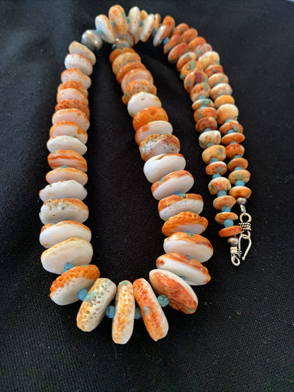 Turquoise & Orange Spiny Oyster Navajo Sterling Silver 28" Necklace 01390
