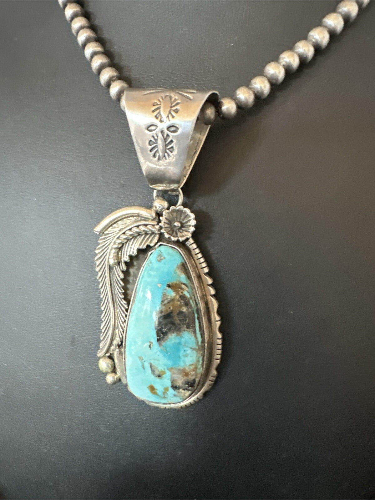 Mens Womens Blue Turquoise Pendant Sterling Silver Beads Sterling Necklace 18648