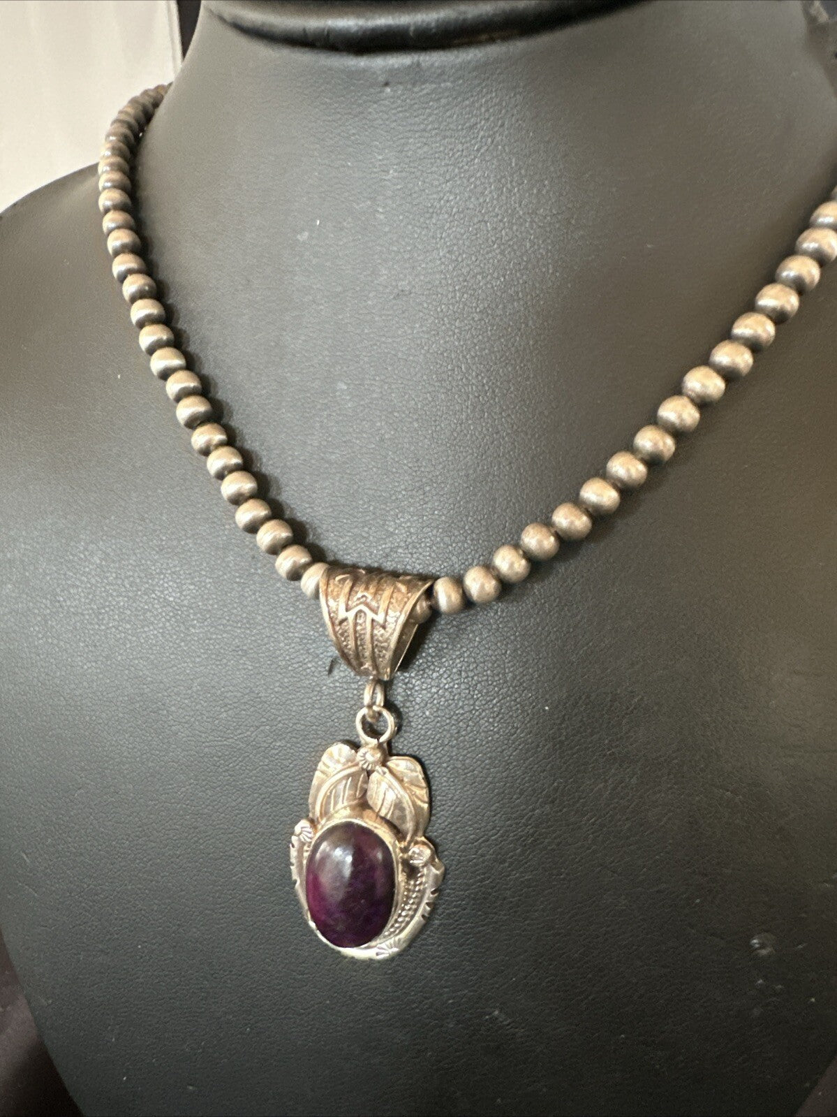 Purple Stone Pendant Navajo Pearls Sterling Silver Necklace 20” 18392