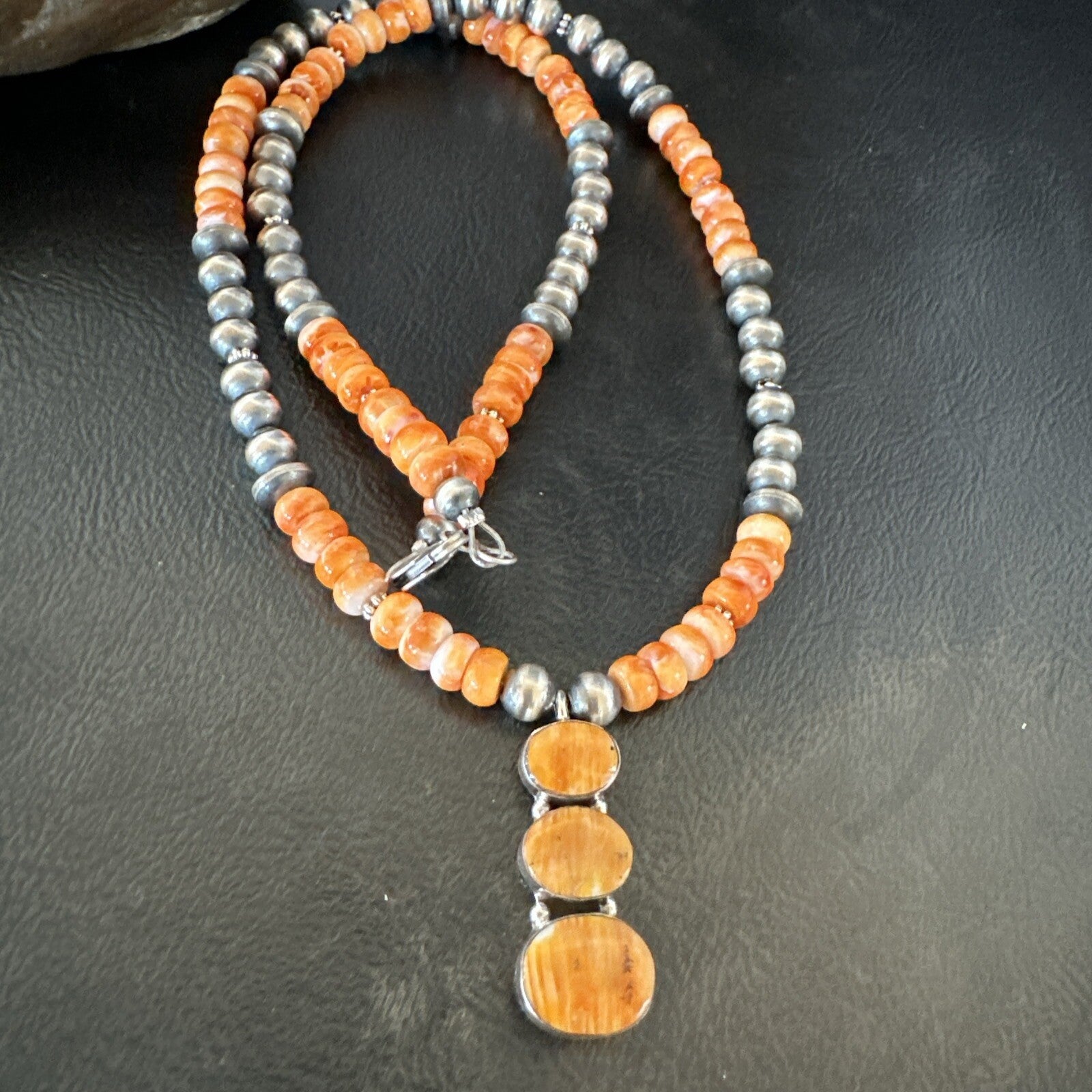 Navajo Pearls Sterling Silver Necklace Orange Spiny Oyster Pendant 20" 18264