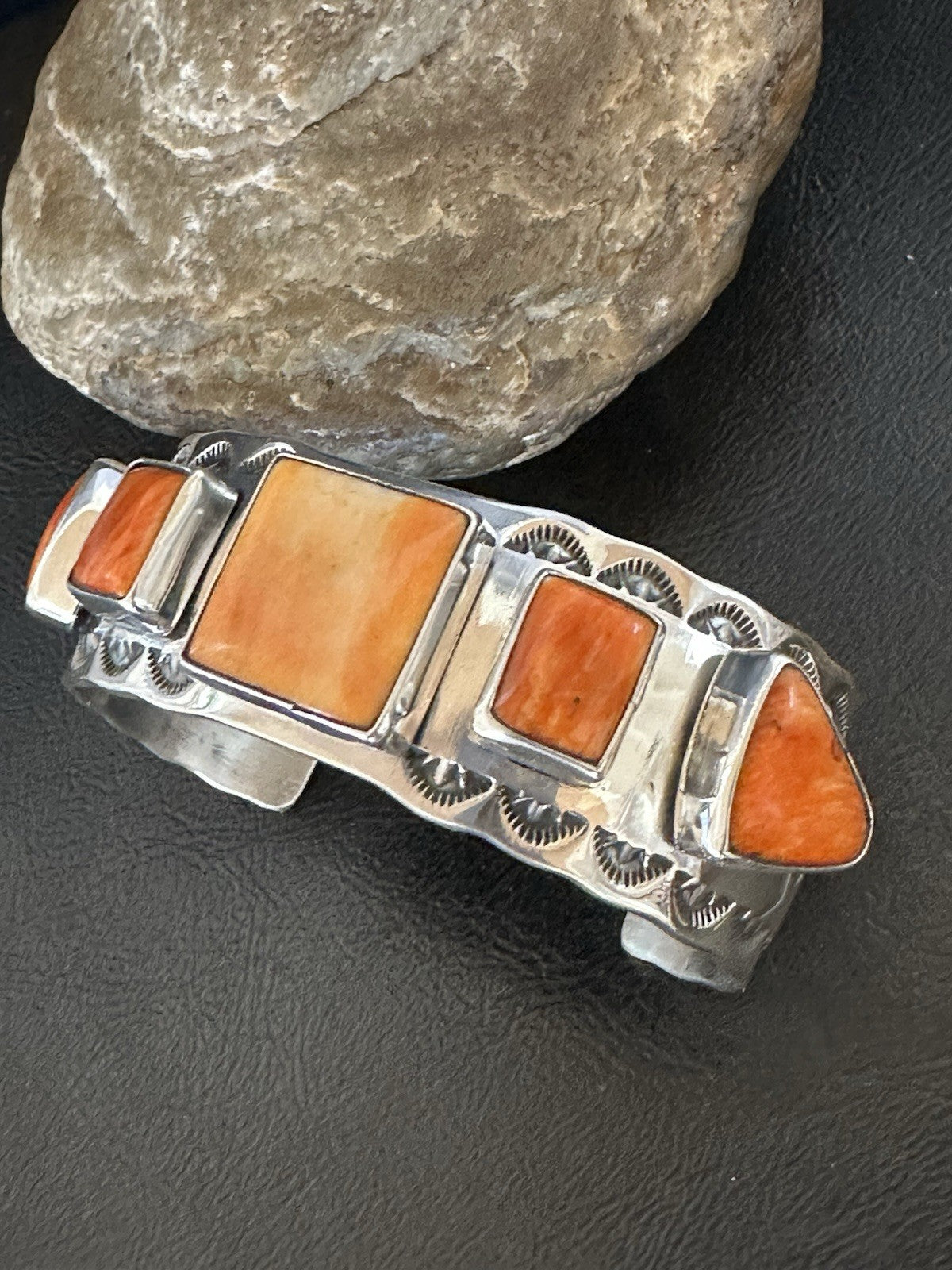 Orange Spiny Oyster 5 Stone Row Sterling Silver Navajo Cuff Bracelet 7.7" 19477