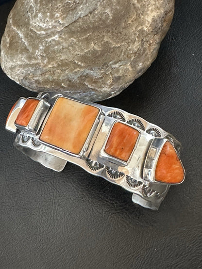 Orange Spiny Oyster 5 Stone Row Sterling Silver Navajo Cuff Bracelet 7.7" 19477