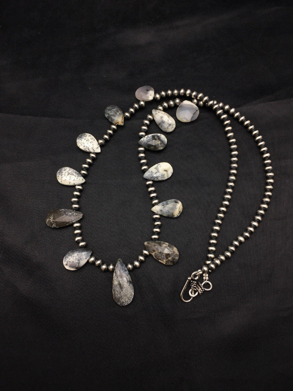 Black Rutilated Opal Pear Shaped Navajo Pearls Sterling Silver Necklace 04090