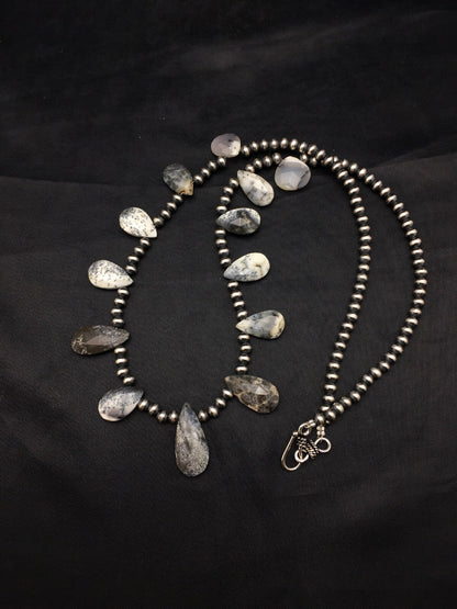 Black Rutilated Opal Pear Shaped Navajo Pearls Sterling Silver Necklace 04090