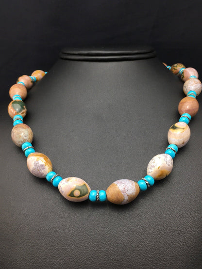 Turquoise & Agate Navajo Pearls Sterling Silver Necklace 04499