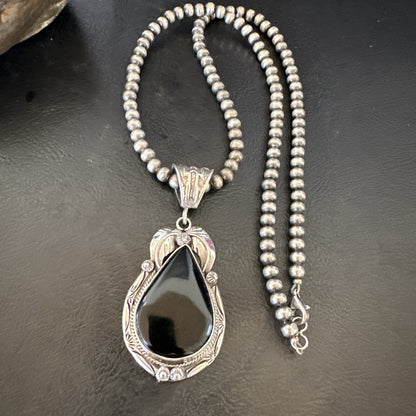 Mens Womens Black Onyx Pendant Navajo Sterling Silver Beads Necklace 18352