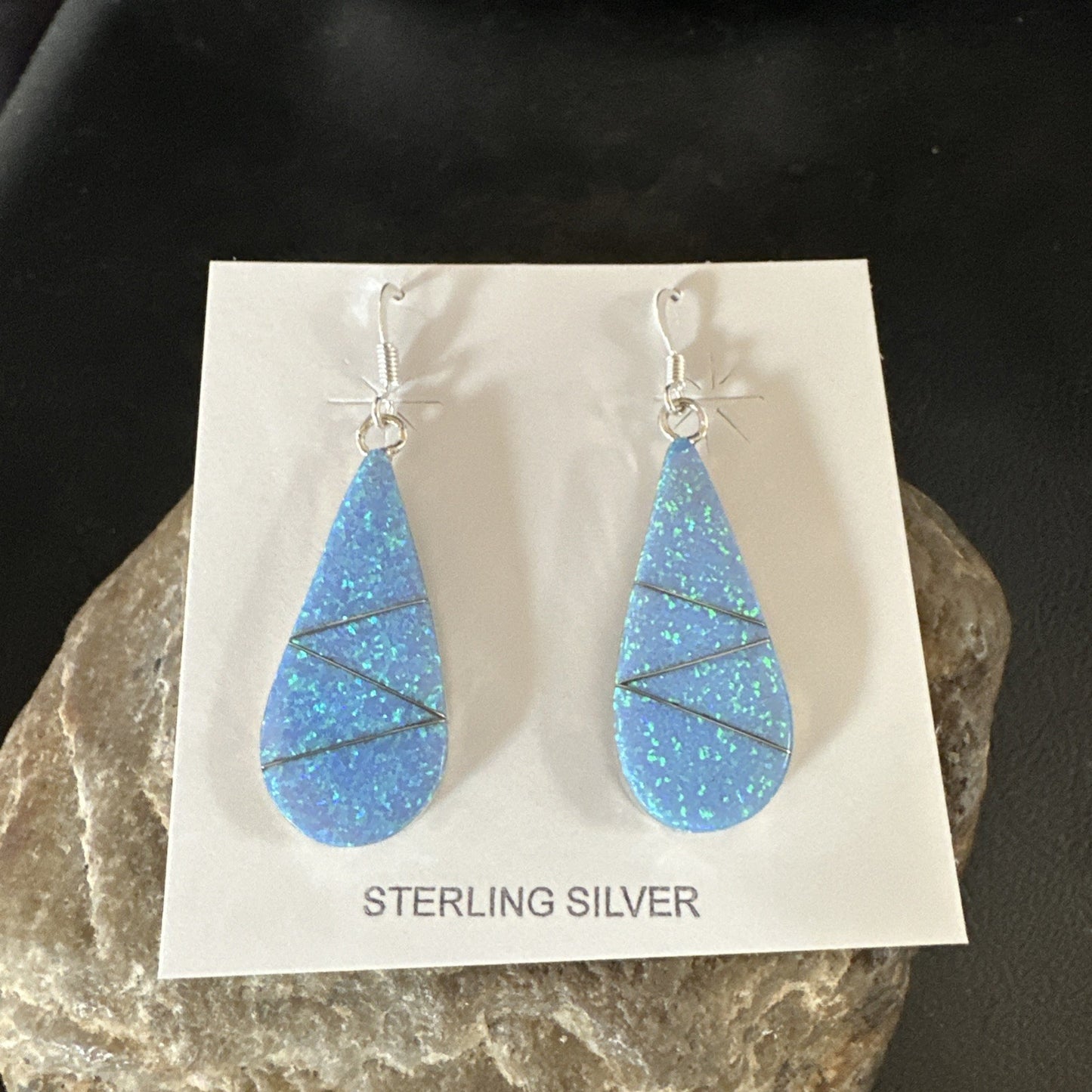 Blue Faux Opal Dangle Inlay Navajo Sterling Silver Earrings 19263