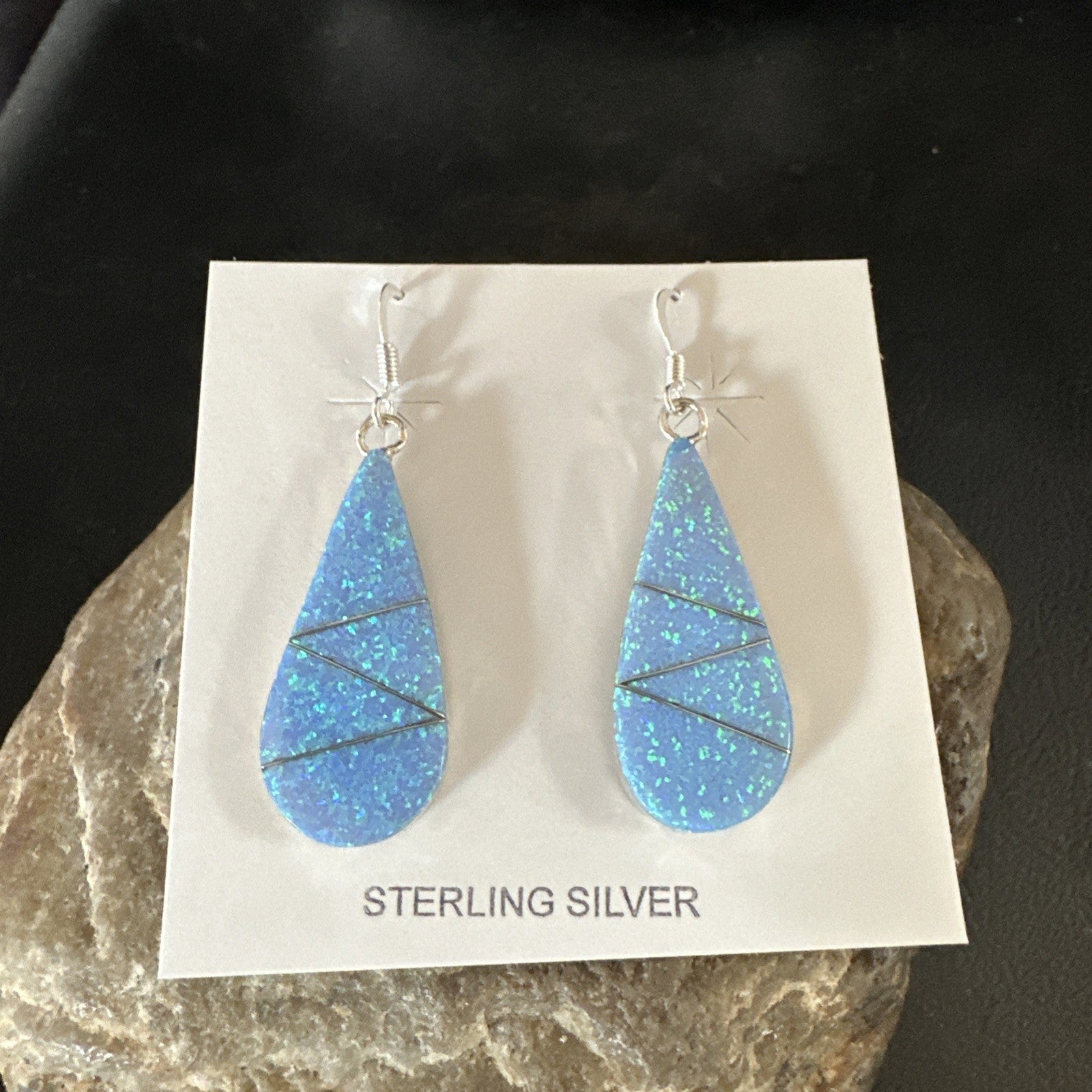 Blue Faux Opal Dangle Inlay Navajo Sterling Silver Earrings 19263