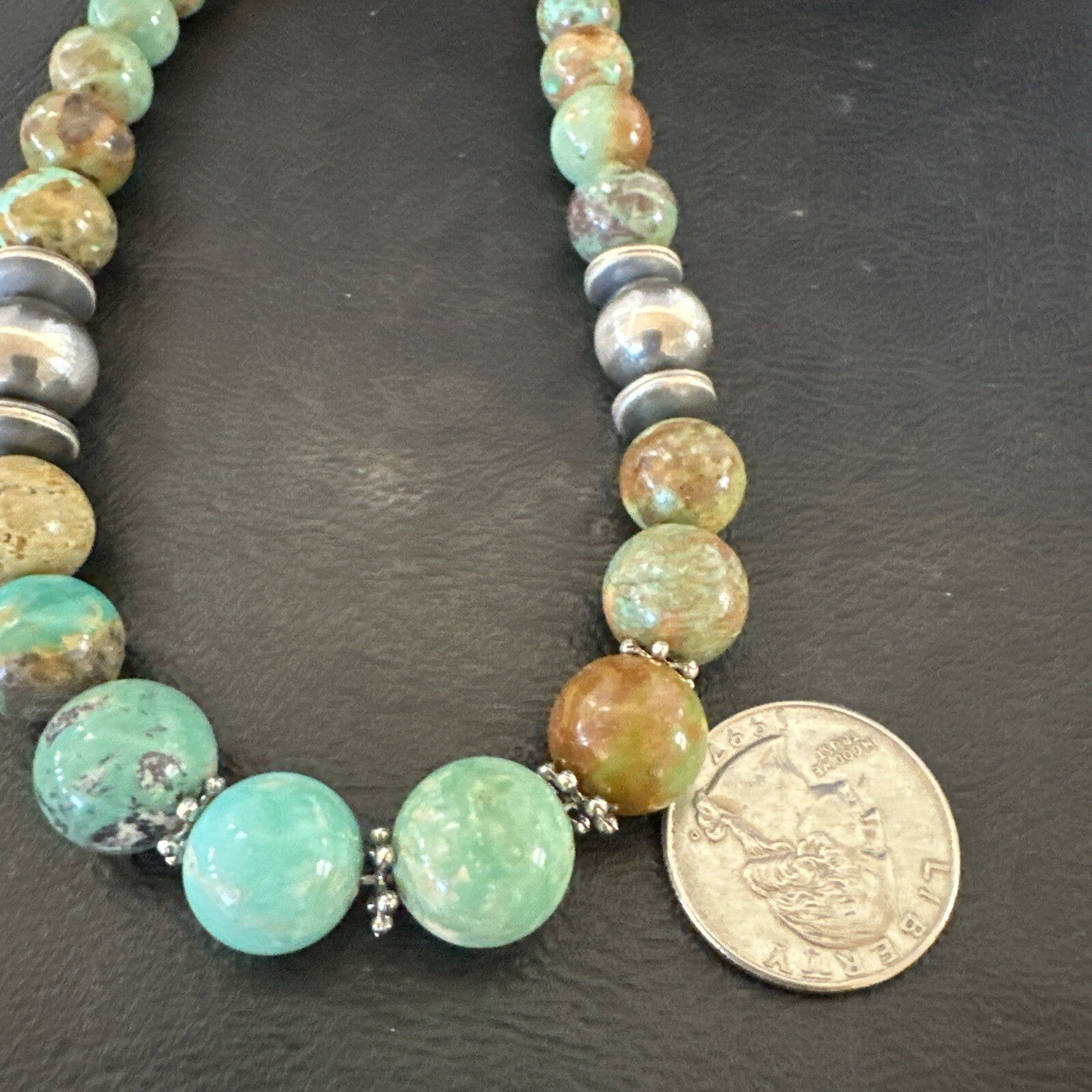 Green Turquoise Graduated Navajo Sterling Silver Necklace 21” 17782
