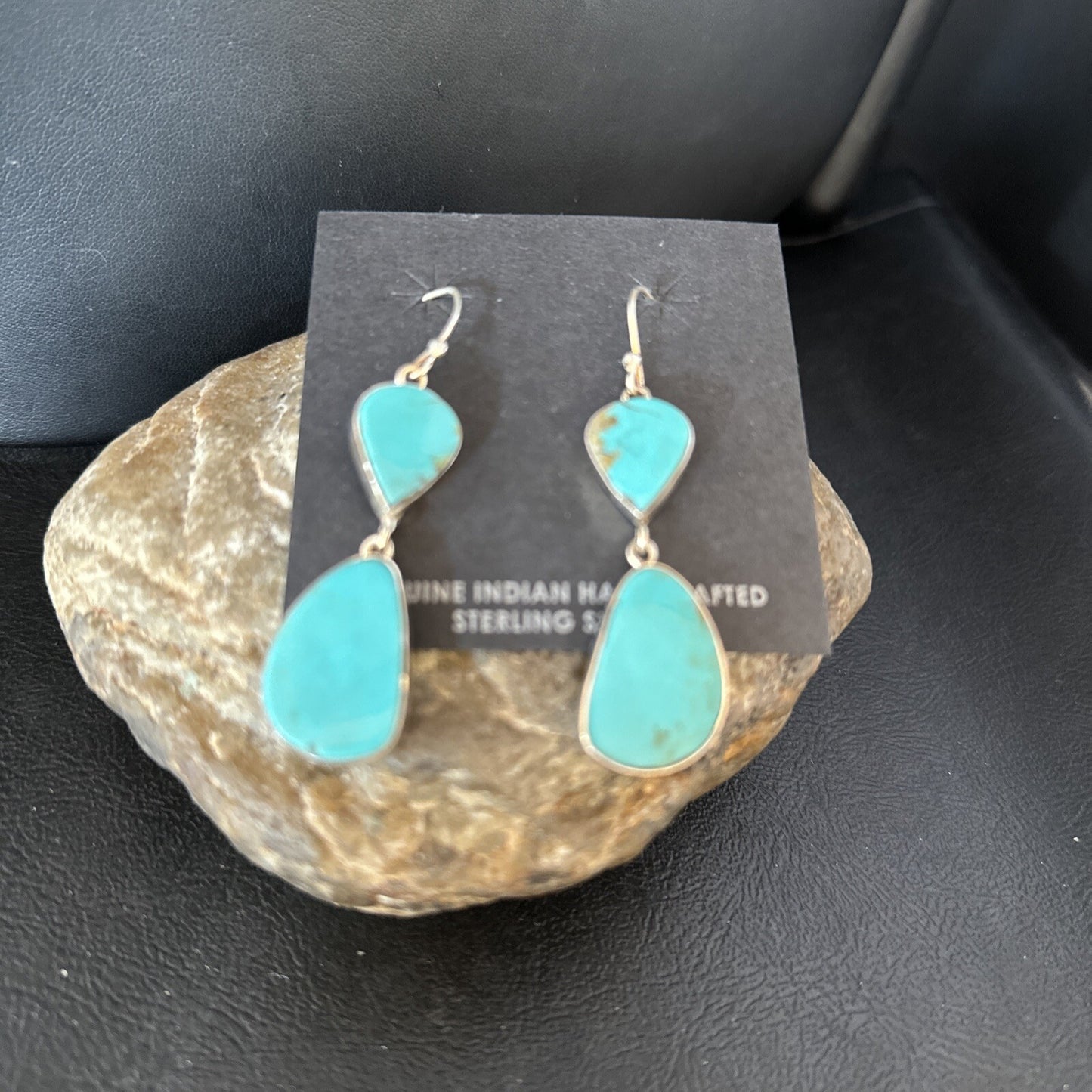 Blue Kingman Turquoise Navajo Sterling Silver Dangle 1.5" Earrings 14576