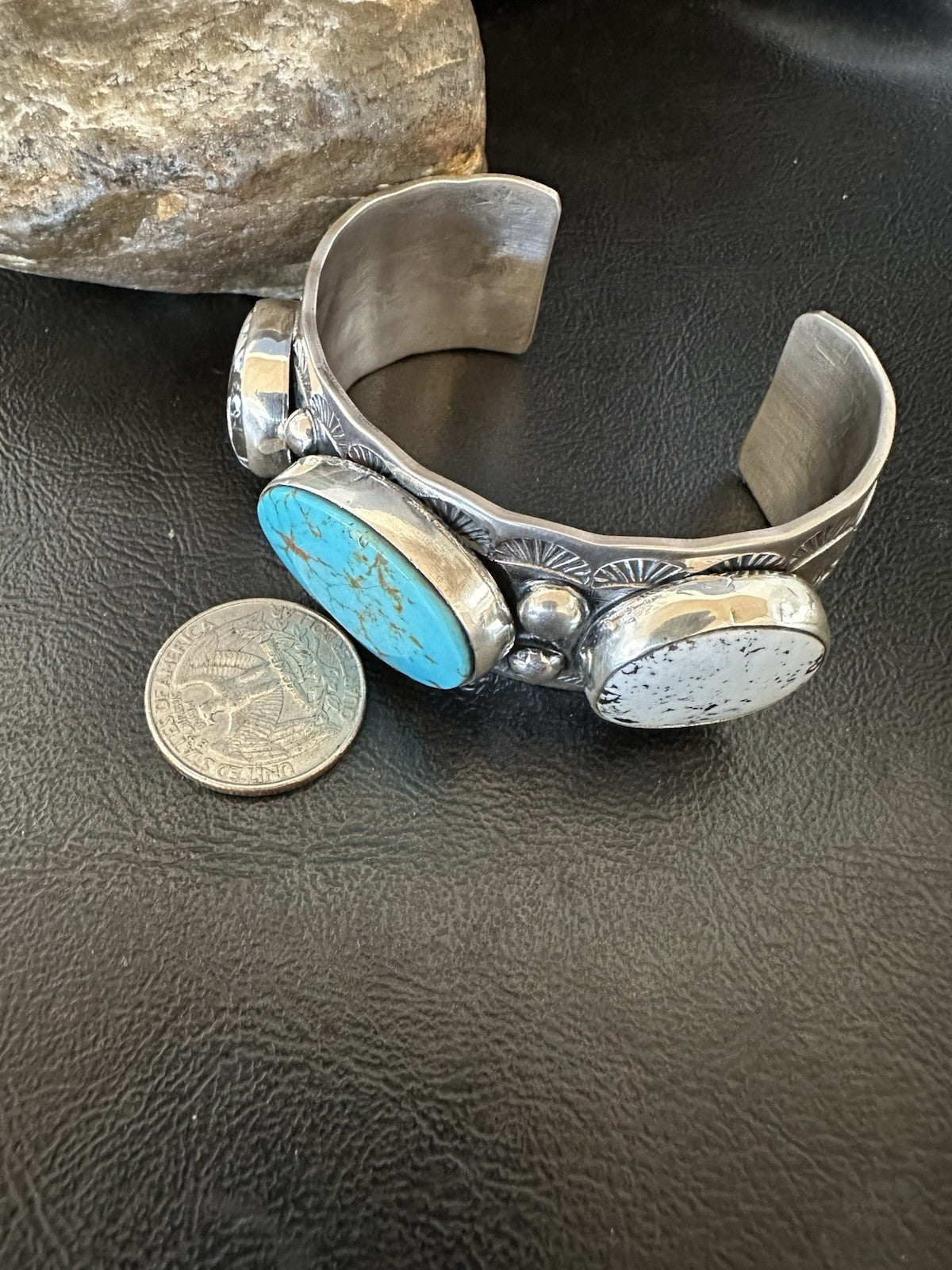 Men White Buffalo Blue Turquoise Navajo Sterling Silver Cuff Bracelet 7.3" 19429