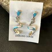 Blue Turquoise Opal Inlay Swirl Navajo Earrings 1.25" | Sterling Silver | Authentic Native American Handmade | 18751