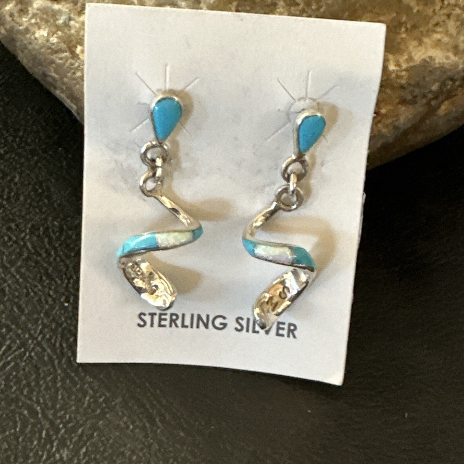 Blue Turquoise Opal Inlay Swirl Navajo Sterling Earrings 1.25" 18751