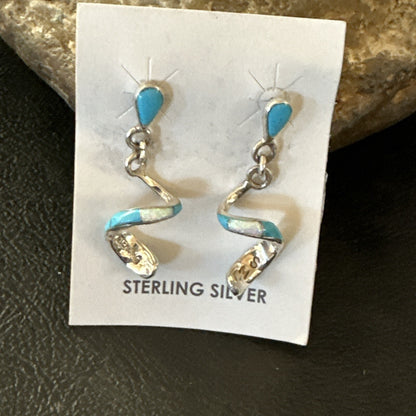 Blue Turquoise Opal Inlay Swirl Navajo Sterling Earrings 1.25" 18751