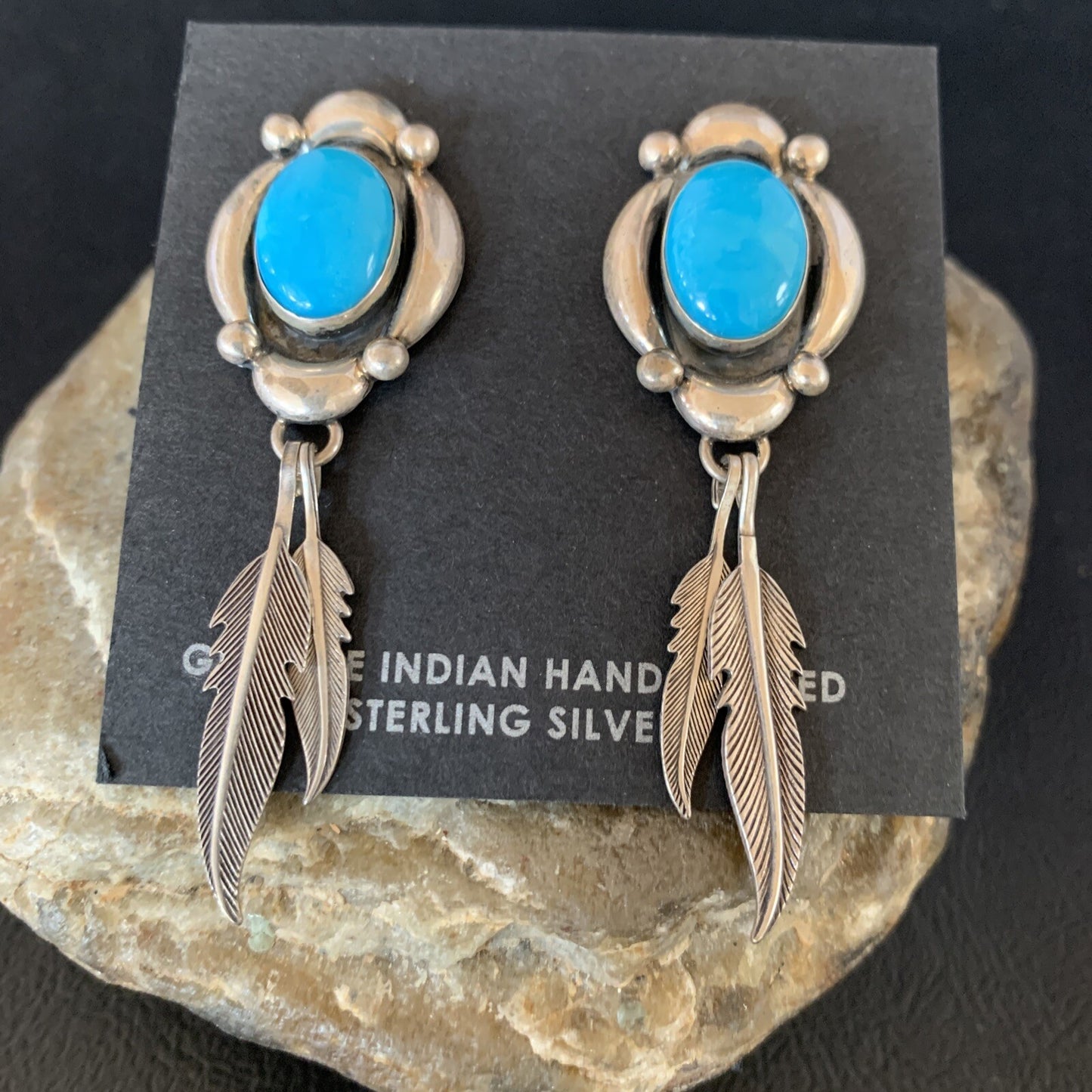 Native Womens Nugget Sterling Silver Blue Turquoise Dangle Earrings 2.5" 13018