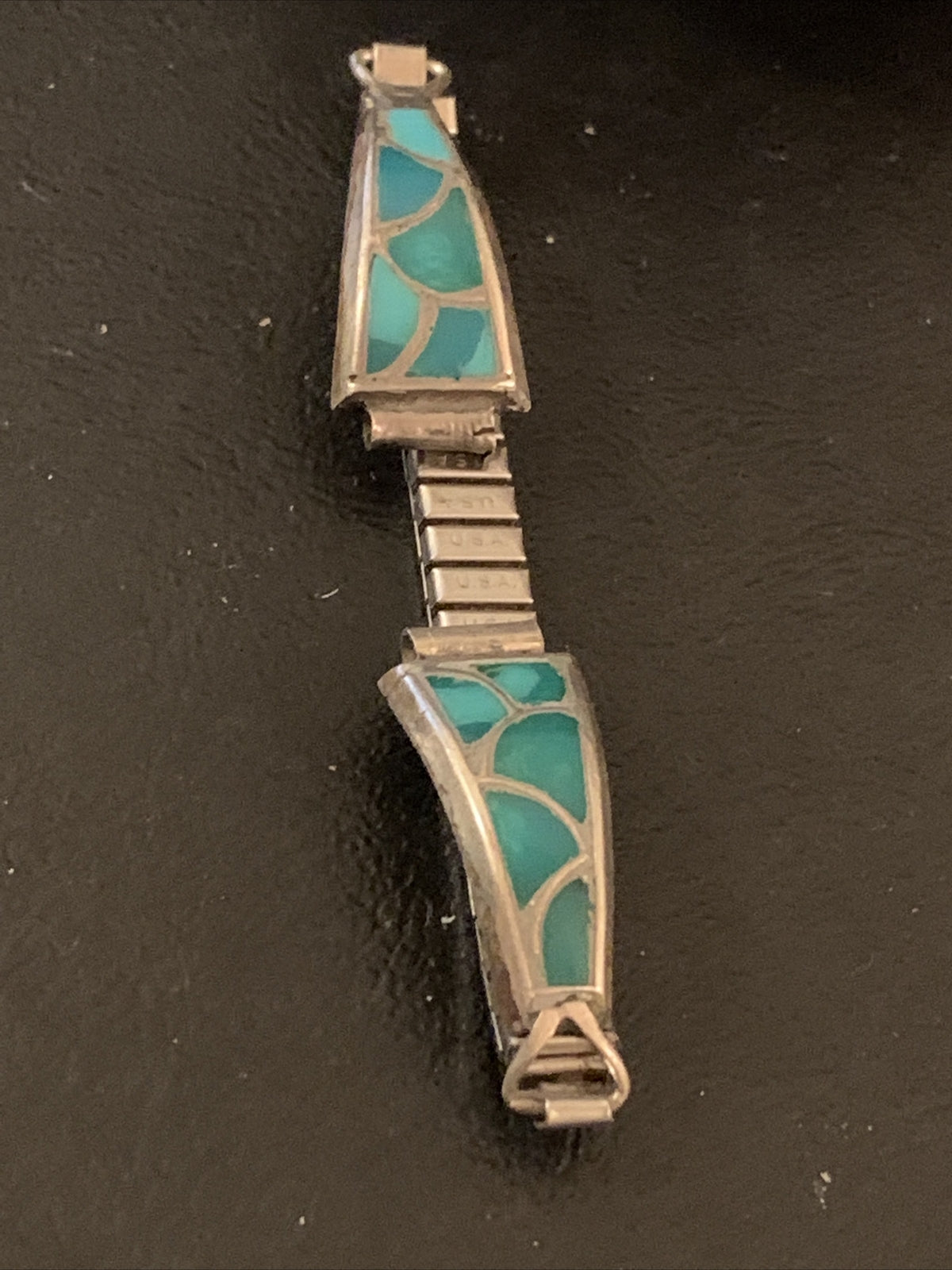 Blue Turquoise Inlay Navajo Sterling Silver Old Pawn Watch Tips 1443