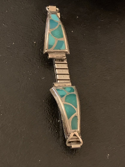 Blue Turquoise Inlay Navajo Sterling Silver Old Pawn Watch Tips 1443