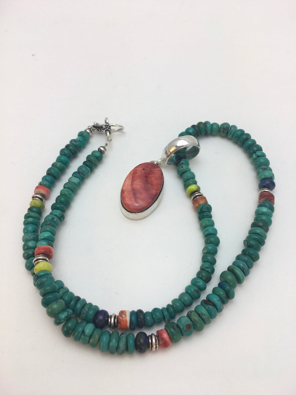 Turquoise & Spiny Oyster Pendant Pueblo Sterling Silver Necklace 08910