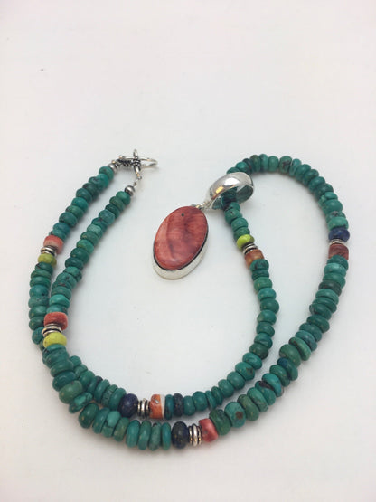 Turquoise & Spiny Oyster Pendant Pueblo Sterling Silver Necklace 08910