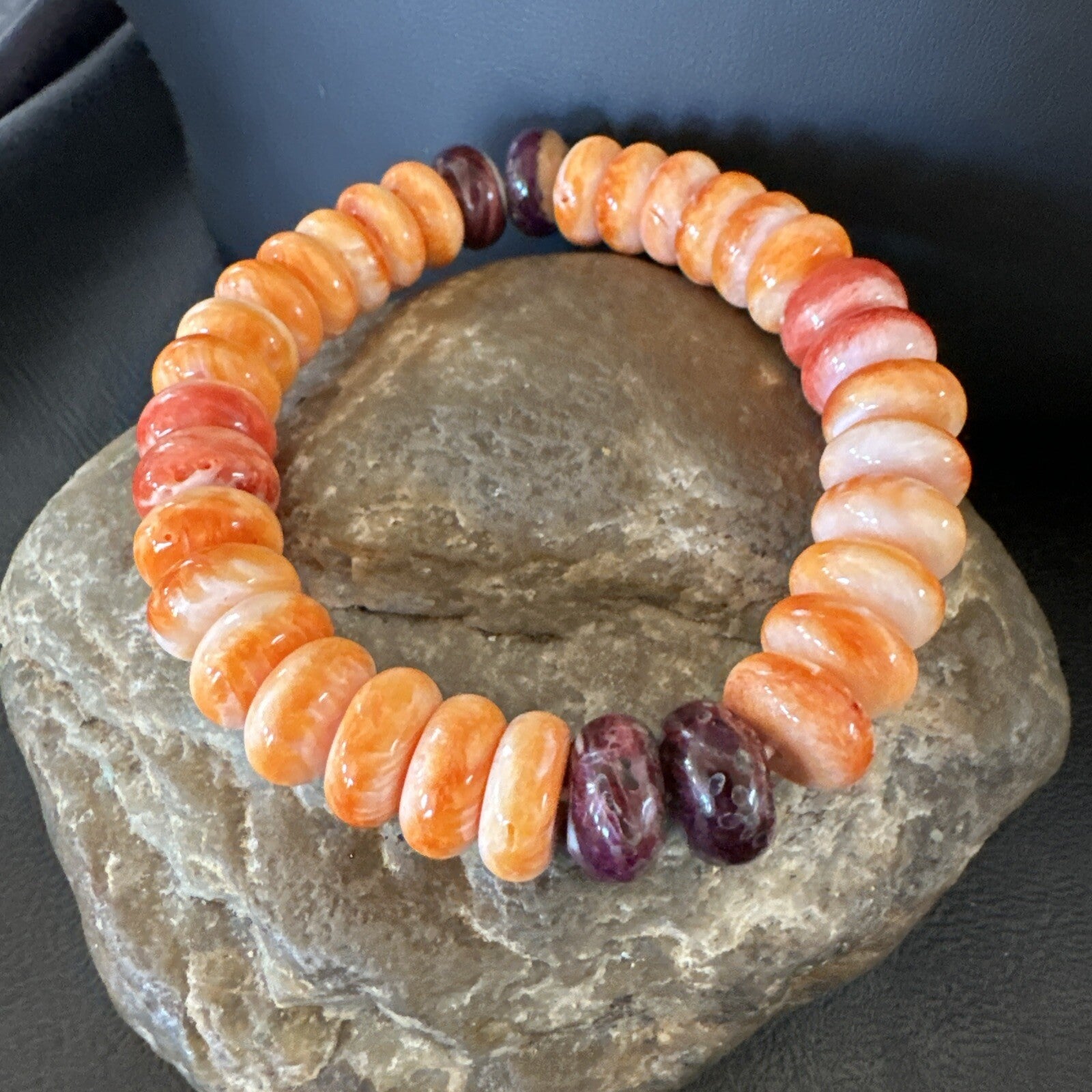 Mens Womens Orange Purple Spiny Oyster Sterling Silver Stretch Bracelet 9" 18859