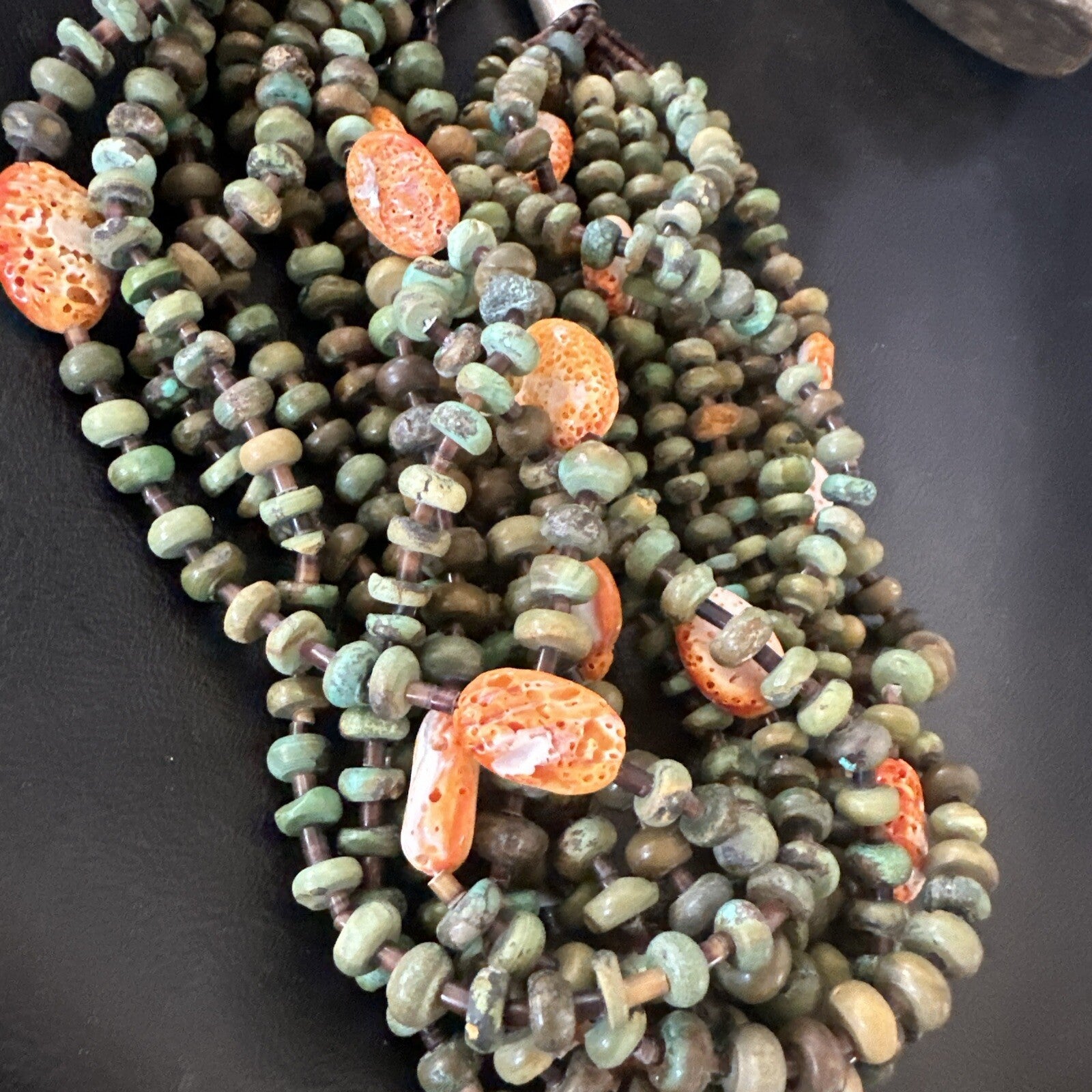 Navajo Green Turquoise 10S Sterling Silver Orange Spiny Shell Necklace 19" 18478