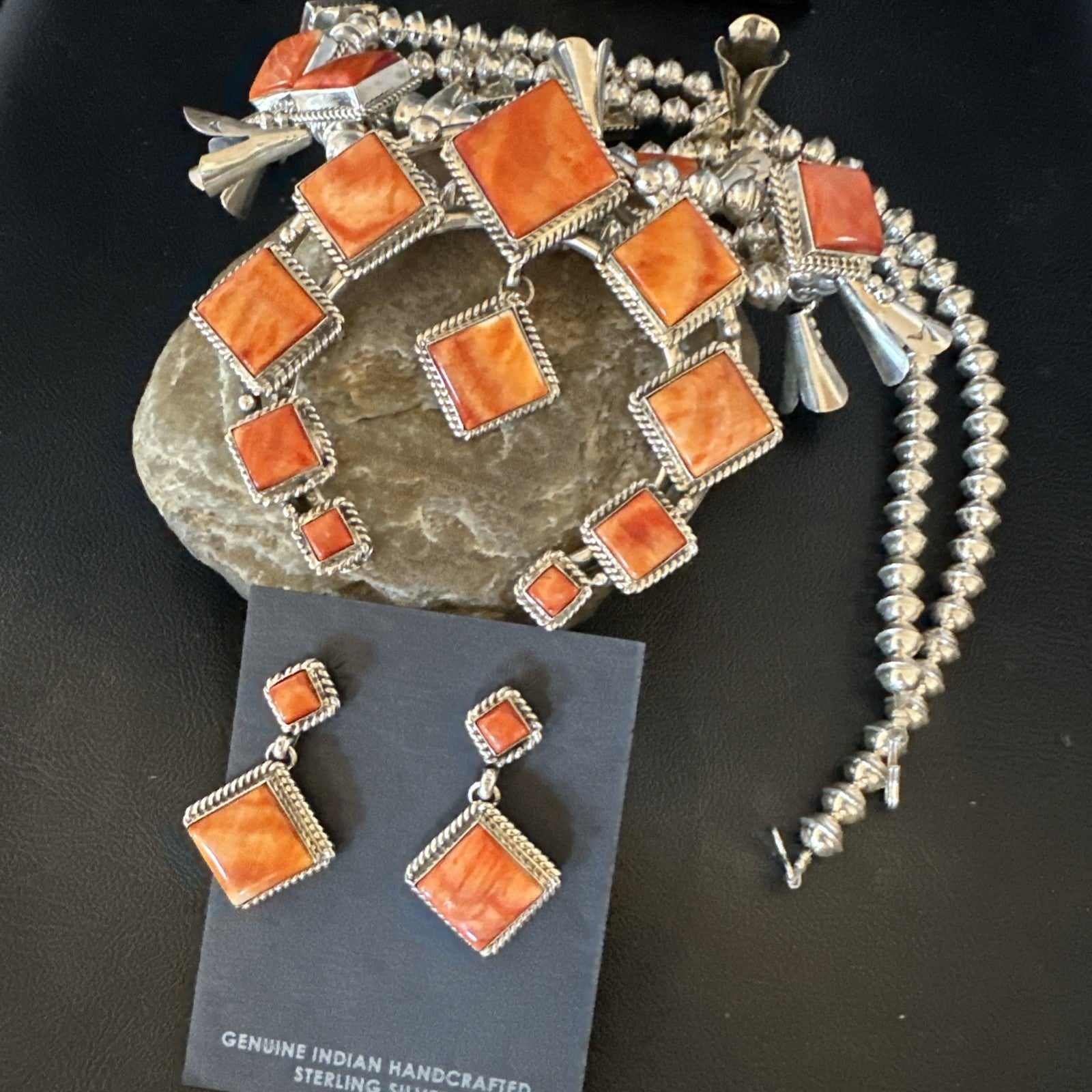 Orange Spiny Oyster Sterling Silver Squash Blossom Necklace 26" Earrings 19074