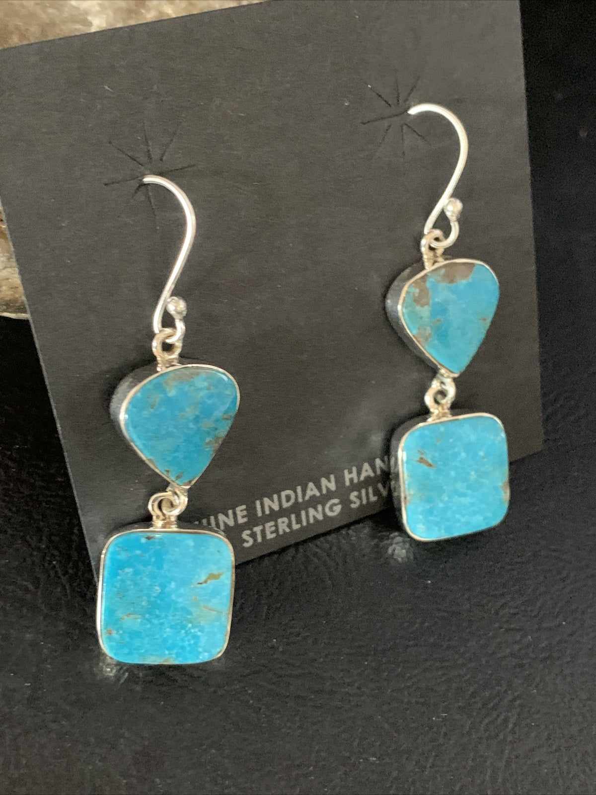 Blue Kingman Turquoise Navajo Sterling Silver Dangle Earrings 14074