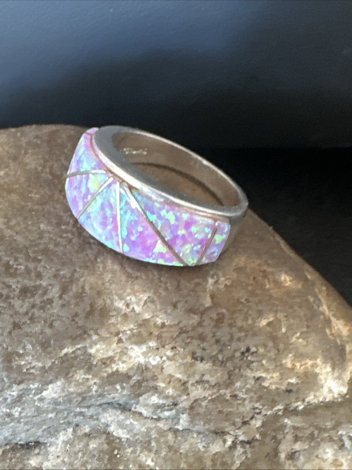 Pink Opal Navajo Sterling Silver Band Inlay Ring Size 7 18786