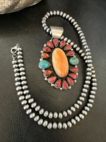 Multicolor Turquoise Spiny Navajo Sterling Silver Cluster Pendant Necklace 19564