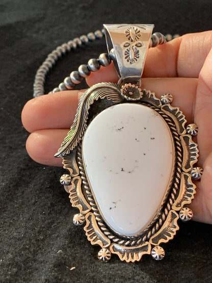 Mens White Buffalo Turquoise Pendant Navajo Sterling Silver Necklace 04238