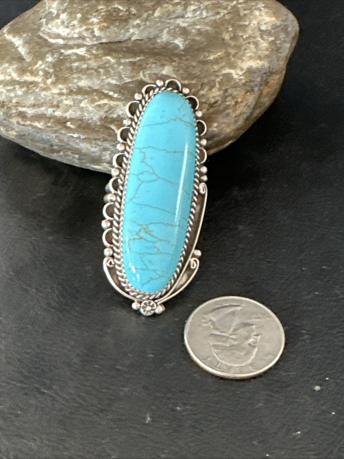 XL Blue Turquoise Navajo Sterling Silver Ring Size 10 19780