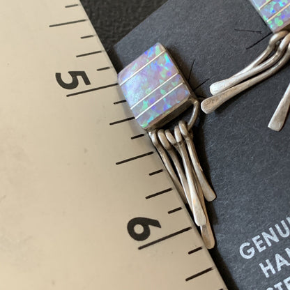 Blue Opal Inlay Navajo Sterling Silver Dangle Post Earrings 0.5" 12754