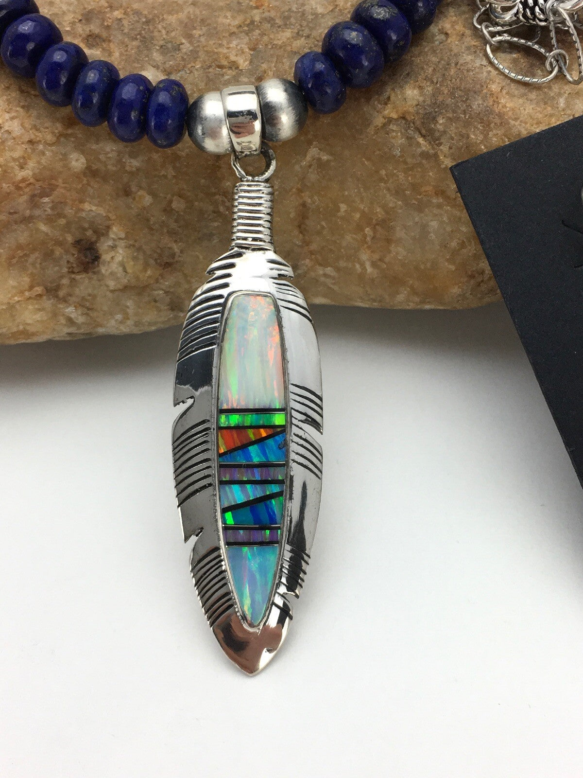 Opal Feather Multicolor Lapis Pendant Sterling Silver Necklace Earring Set 02771