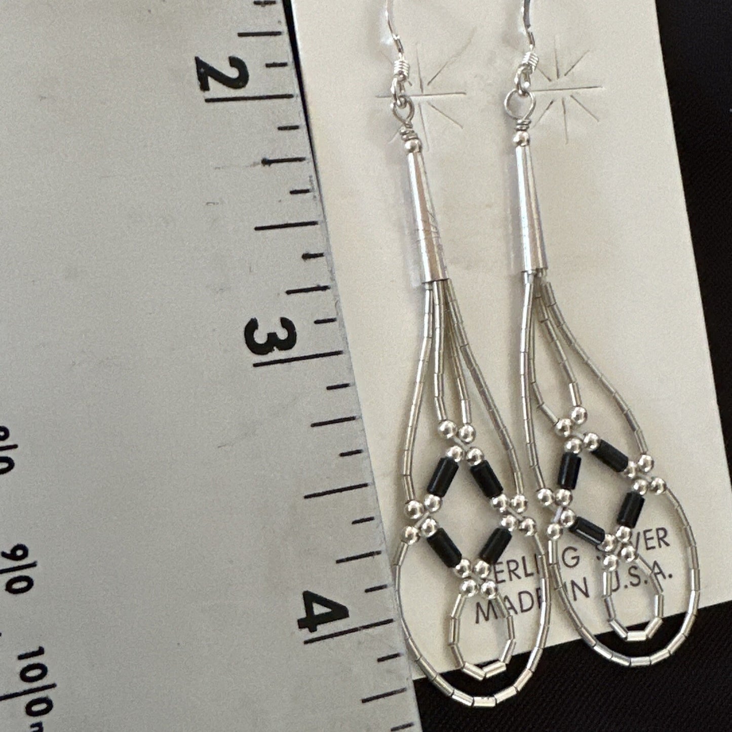 Black Onyx 2 Strands Heishi Liquid Sterling Silver Dangle Earrings 17935