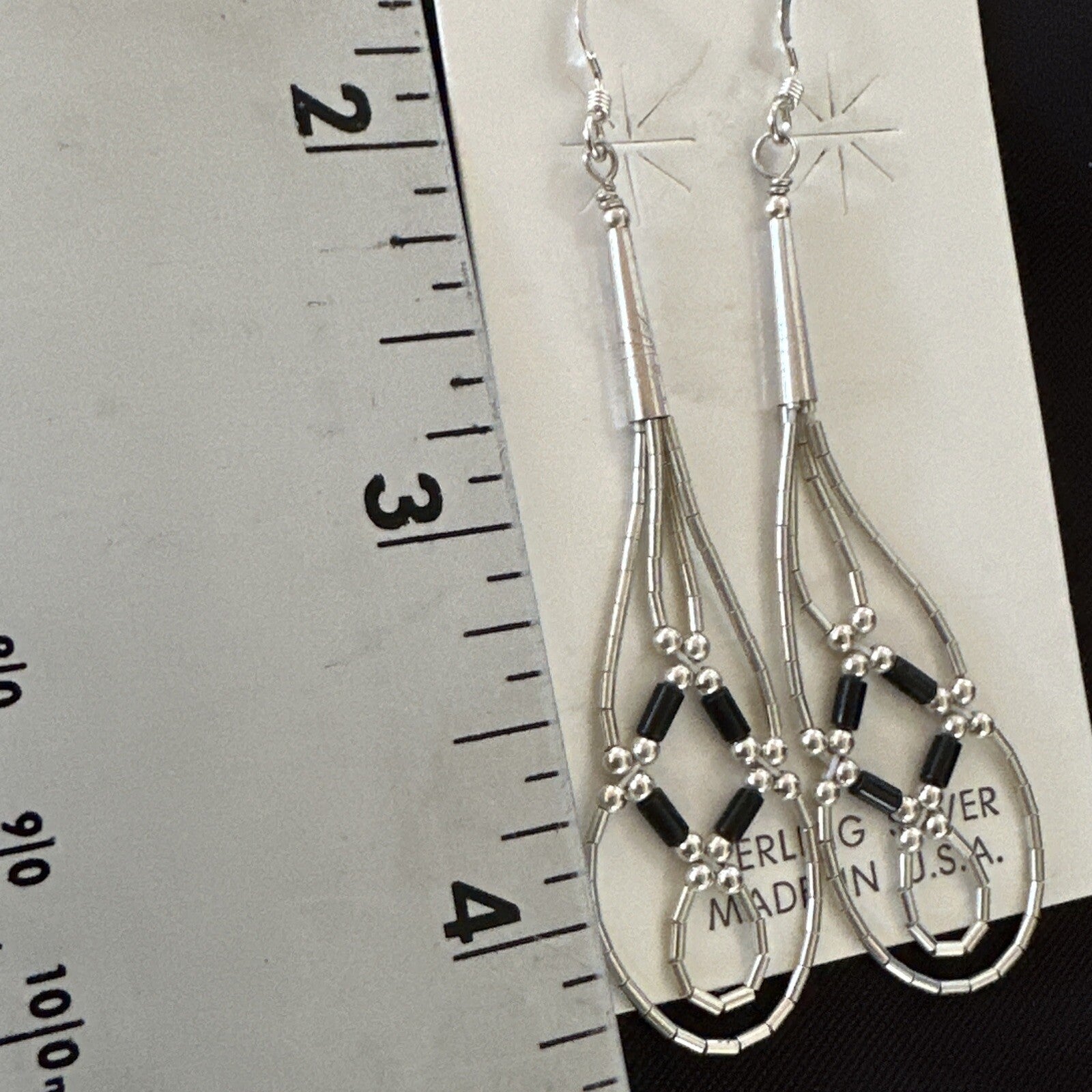 Black Onyx 2 Strands Heishi Liquid Sterling Silver Dangle Earrings 17935