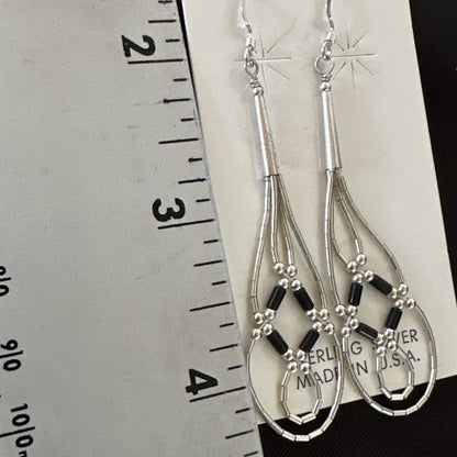 Black Onyx 2 Strands Heishi Liquid Sterling Silver Dangle Earrings 17935