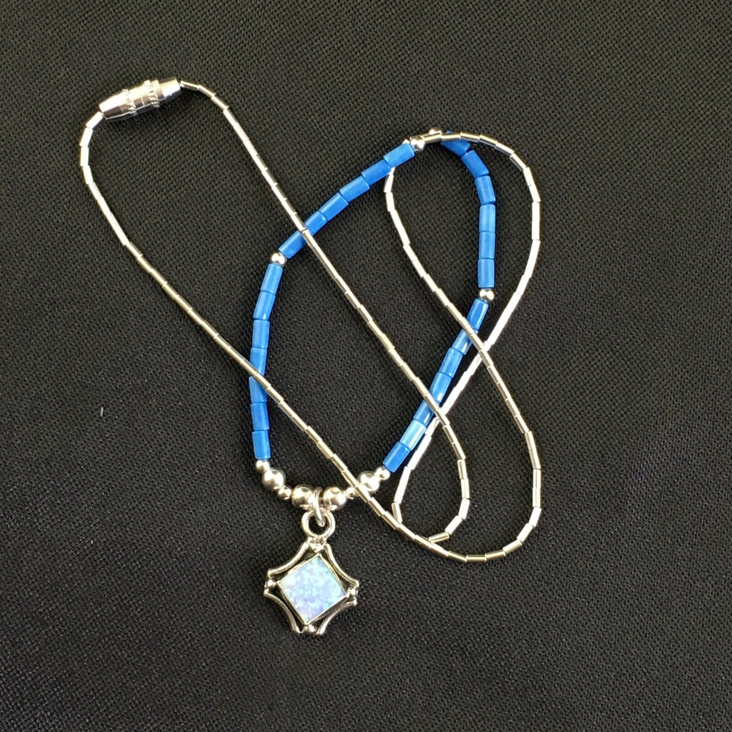 Girls Opal Pendant Lapis Beads Sterling Silver Necklace 15" 10124
